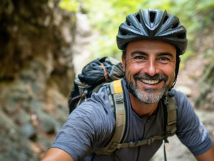 Man 40 jaar mountainbiken in het bos